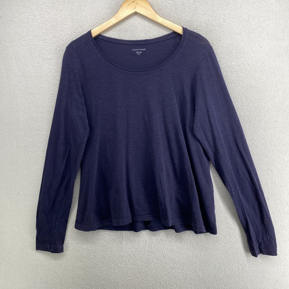EILEEN FISHER Top M Organic Cotton Jersey Scoop Neck Long Sleeve Blue